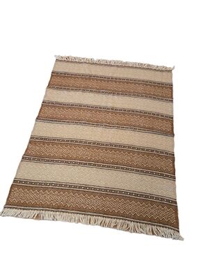 Amana Woolen Mills Virgin Wool Throw Blanket Southeastern Tan, Creams & Fringe